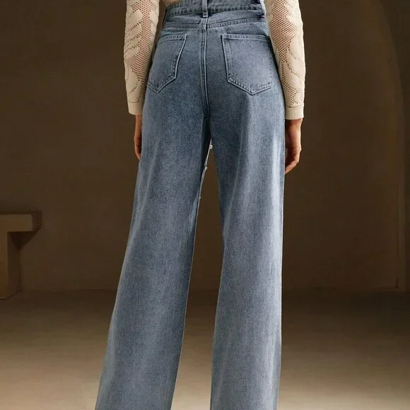 △◇ Blue Casual Women's High Waist Pearl Embellished Straight Loose